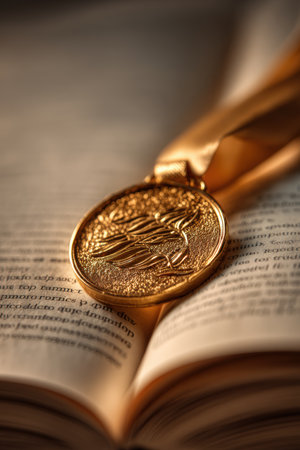 A photorealistic macro shot of a gold medal resting on an open book, captured with a shallow depth of field and warm lighting. The image symbolizes academic excellence.の素材