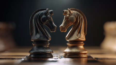 Two chess knights face each other on a glossy board, illuminated by a soft spotlight. The photorealistic image symbolizes strategic business competition with a shallow depth of field.の素材