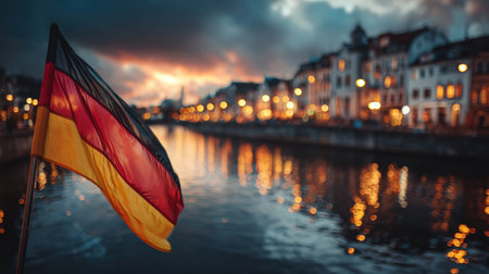 The national flag of Germany waves proudly at dusk, set against a blurred cityscape and river. Dramatic sky colors and cinematic lighting enhance the photo-realistic detail.の素材