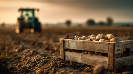 A wooden crate filled with organic potatoes sits on plowed soil in a wide farmland. A tractor is visible in the distance under golden evening tones, creating a cinematic agriculture scene.の素材