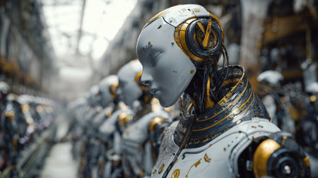 A silver humanoid android with a smooth ceramic surface and golden mechanical details stands in an industrial sci-fi setting, surrounded by inactive robots in a production line.の素材
