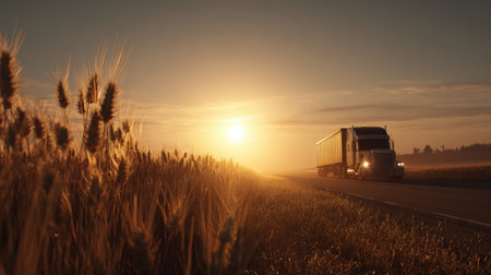 A truck travels through an agricultural countryside at sunset, with wheat fields glowing in warm light. The calm sky and long road create a cinematic and serene atmosphere.の素材