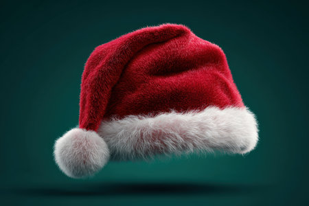 A photorealistic Santa hat with plush velvet texture and fur trim, isolated on a solid emerald background. Perfect for banners and thumbnails with its soft shadow and cut-out friendly design.の素材