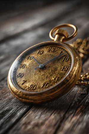 A photorealistic still life featuring a golden medal and stopwatch on a wooden surface. The high-detail lighting highlights the concept of sports excellence and achievement.の素材
