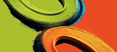 Minimalist flat illustration featuring two intersecting paint strokes in bright, contrasting colors. The wide composition symbolizes creativity and artistic challenges.の素材