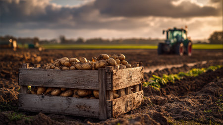 A rustic wooden crate filled with ripe potatoes sits on farmland during golden hour. A red tractor works in the distance under soft clouds, capturing cinematic rural realism.の素材