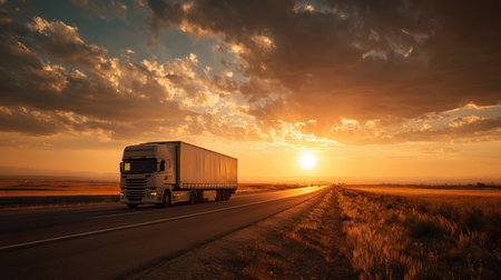 A semi-truck travels along an empty country road flanked by wheat fields during golden hour. The warm sunset glow and cinematic lighting create a stunning travel photography scene.の素材