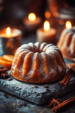 A photorealistic studio shot of a cinnamon bundt cake dusted with sugar, placed on a stone slab. Warm candle bokeh creates a festive and appetizing atmosphere.の素材