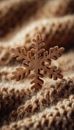 Vertical macro image of a wooden snowflake ornament resting on a textured knit fabric. The shallow depth of field and warm tones create a cozy, homey atmosphere.の素材