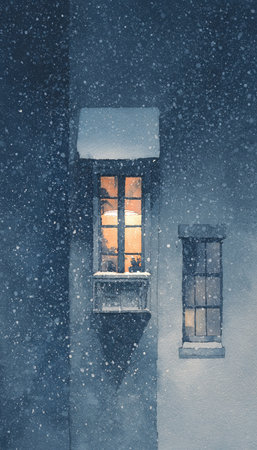 Watercolor painting of a cozy townhouse window glowing warmly against a soft snowfall. The muted palette and refined negative space create a serene, inviting atmosphere.の素材