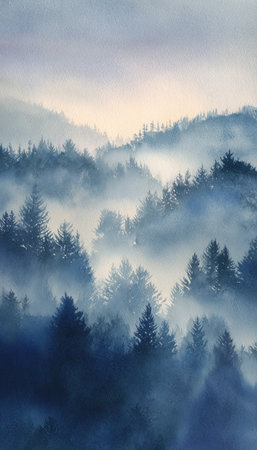 Vertical watercolor painting of a misty pine forest fading into a pale dawn. Cool wash gradients create an airy atmosphere, with ample top space for text or titles.の素材