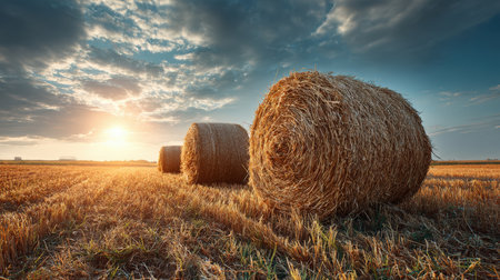 Three large hay rolls rest in a golden field as the sun sets, casting a warm glow. The blue sky is dotted with scattered clouds, creating a cinematic rural landscape.の素材