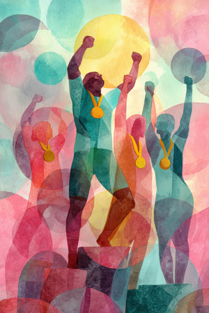 Artistic watercolor illustration depicting athletes celebrating victory with medals. The abstract background features pastel tones, highlighting the joy and triumph of the moment.の素材