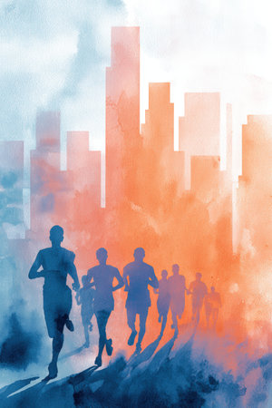 Artistic watercolor illustration depicting silhouettes of marathon runners flowing across a subtle city skyline. The image features soft bleeding pigments and elegant white negative space.の素材