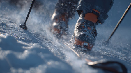 Macro shot of a skier's boots and poles slicing through snow, capturing detailed snow particles and textures. The image showcases cinematic sports realism and dynamic winter action.の素材