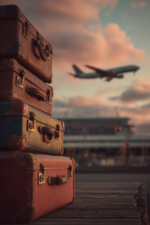Cinematic travel image featuring stacked vintage luggage with an airplane in the distance. Captured in warm tones, this low-angle shot evokes a sense of adventure and storytelling.の素材