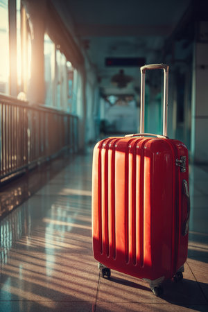 A vibrant red suitcase stands on a reflective floor, illuminated by sunlight in a bright, clean corridor, evoking a cinematic travel mood.の素材