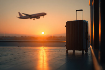 A black suitcase stands on a reflective surface as an airplane flies under the warm glow of sunrise, creating a cinematic and minimalist travel scene with soft light realism.の素材