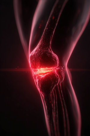 A cinematic 3D render illustrating knee pain, featuring a glowing red joint with realistic leg texture. The image emphasizes scientific realism and dramatic shadow effects.の素材