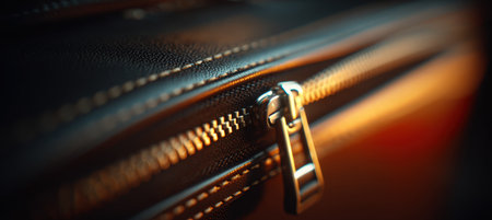 Close-up image of suitcase zippers and edges, highlighting elegant design with cinematic lighting reflections. The modern travel accessory is captured in a minimal composition.の素材