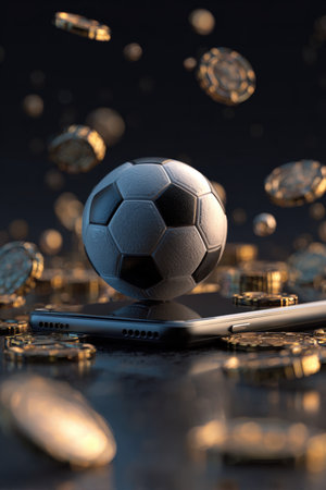A 3D render depicting a football rising from a smartphone, surrounded by poker chips and gold tokens, illustrating a sports betting concept with cinematic lighting and detail.の素材
