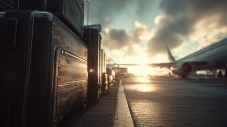 A cinematic side view captures black luggage lined up with a parked airplane in the background. Sunlight reflects off the luggage, evoking a sense of travel anticipation.の素材