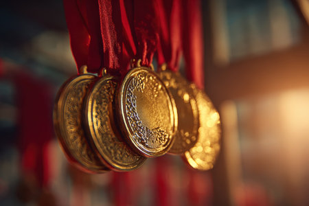 Close-up of gold medals hanging from red ribbons, illuminated by sun rays. The image captures the metallic shine and warm depth of field, symbolizing sports victory celebration.の素材