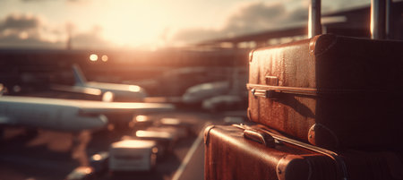 A detailed cinematic image showcasing brown luggage near an airplane, bathed in a warm sunlight glow, capturing the essence of travel anticipation at an airport.の素材