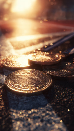 Artistic close-up of medals catching a sun flare, creating a cinematic and warm celebratory atmosphere with realistic textures. The image evokes a sense of achievement and triumph.の素材