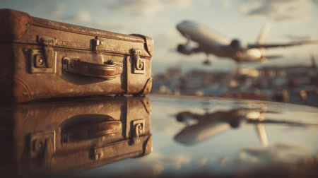 A vintage suitcase is prominently displayed in the foreground with a blurred airplane taking off in the background. The image features warm tones and detailed reflections, evoking a sense of adventureの素材
