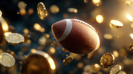 Dynamic 3D rendering of a football mid-flight surrounded by casino tokens, enhanced with lens flare. The image captures a futuristic sports theme with cinematic energy and realism.の素材