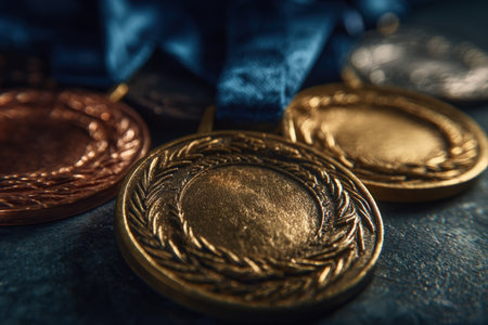 Close-up of gold and bronze medals with intricate details, captured in cinematic depth and natural lighting, evoking a sense of sports celebration and achievement.の素材