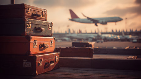 A cinematic composition featuring an airplane ready for takeoff behind stacked vintage luggage. Captured in warm tones, this realistic photo evokes a serene morning travel atmosphere.の素材