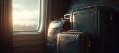 Elegant black travel luggage sits near a window overlooking an airplane. The scene is bathed in soft, cinematic light, creating a detailed and realistic journey mood.の素材