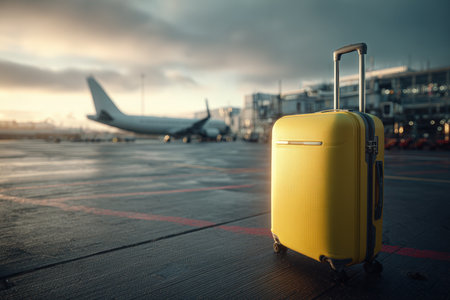 A detailed cinematic image featuring a yellow suitcase in the foreground with an airplane preparing for takeoff in the background, captured in warm morning light.の素材