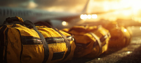 Close-up of yellow and black travel bags with a blurred airplane in the background. The scene is illuminated by glowing sunlight, creating a cinematic and storytelling atmosphere.の素材