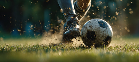 Dynamic close-up of a child's foot striking a soccer ball, capturing the energy and motion with grass flying in the air, emphasizing the realism and excitement of sports.の素材