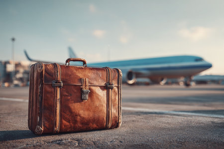 A brown leather suitcase stands on a runway with a blue airplane in the background under a clear sky. Sunlight reflects off the scene, creating a cinematic travel atmosphere.の素材