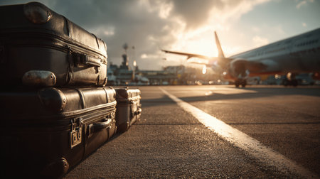 A cinematic perspective of travel luggage on an airport tarmac, facing an airplane. The sunlight creates a soft glow, enhancing the modern adventure vibe and travel anticipation.の素材