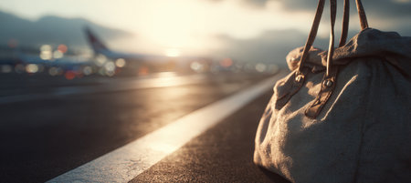A travel bag sits near the edge of a runway with an airplane in the background. The scene captures a cinematic, minimalist tone with sunlight reflecting, creating a calm atmosphere.の素材