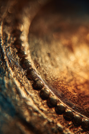 A macro shot capturing the edge of a medal, highlighting its texture and shine under sunlight. The warm tones and cinematic focus create a sense of victory and achievement.の素材