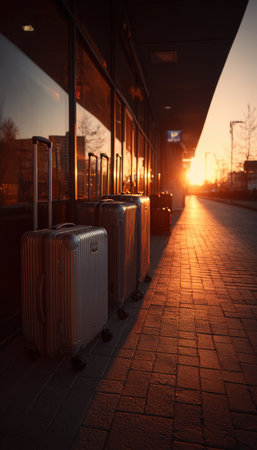 A row of suitcases stands at an airport entrance, illuminated by the warm glow of sunrise. The scene captures shiny surfaces and reflections, highlighting travel realism.の素材