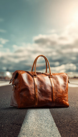 A leather travel bag sits on a runway under bright sunlight, with an airplane in the background. The image features cinematic color grading, evoking a sense of adventure and departure.の素材