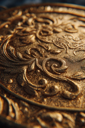 Detailed macro close-up of a gold medal showcasing intricate engravings. Captured with cinematic sharpness and warm glowing light, highlighting its artistic craftsmanship.の素材