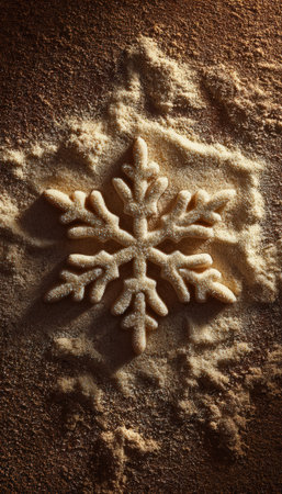 A vertical macro shot of a snowflake cookie cutter pressed into a flour-dusted surface, capturing fine powder details in a warm kitchen setting, evoking an inviting baking story.の素材