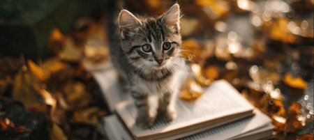A cute kitten stands with its front paws on a closed book, surrounded by golden autumn leaves. The scene captures a cozy outdoor picnic vibe, perfect for fall-themed imagery.の素材