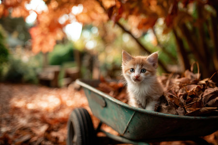 A cute kitten stands in a wheelbarrow filled with autumn leaves, surrounded by colorful foliage and soft bokeh. The upper area is left open for text, creating a charming seasonal scene.の素材