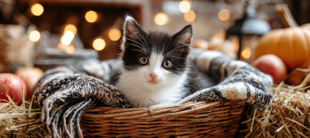 A cute black-and-white kitten rests in a wicker basket surrounded by autumn decor, including hay and apples. The scene is warmly lit, creating a cozy and inviting atmosphere.の素材