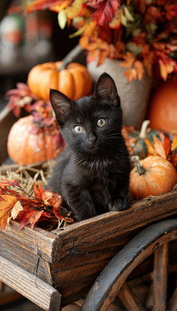 A charming black kitten sits in a decorative wooden wheelbarrow filled with mini pumpkins, hay, and vibrant autumn leaves, creating a cozy fall scene.の素材