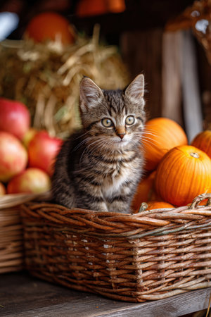 A cute kitten sits on the edge of a basket filled with apples, surrounded by pumpkins. The scene captures a charming rustic farm aesthetic, perfect for autumn-themed visuals.の素材